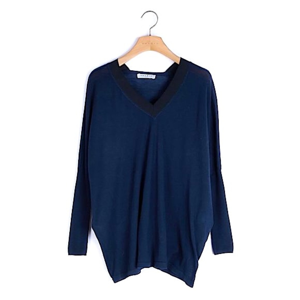 Sandro Paris Navy Blue Wool Grosgrain V-Neck Oversized Batwing Sleeve Sweater